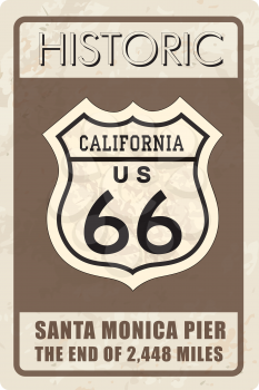 Retro route 66 sign. Historic roud banner. Travel California, USA background. Interstate route icon