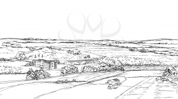 Rural landscape. Countryside view. meadow and fields skyline doodle sketch engraving style