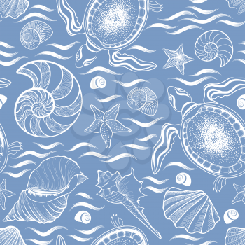 Marine lie seamless pattern. Seashell, turtle, mollusk, ocean waves background