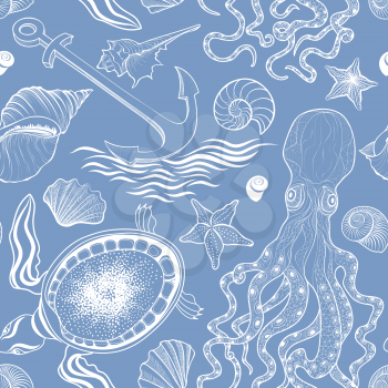 Marine life seamless pattern. Seashell, turtle, octopus. Ocean  background