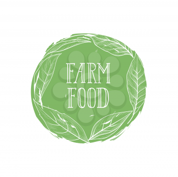 Farm natural product sign. Farm food lettering in drawn floral circle label with leaves. Good icon for local farm market. Typographic design element