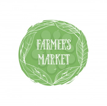 Farm natural product sign. Farm food lettering in drawn floral circle label with leaves. Good icon for local farm market. Typographic design element