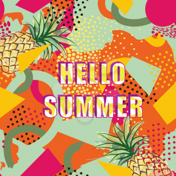 Hello summer card background over abstract blot creative painted dotted pattern in 1980s style.