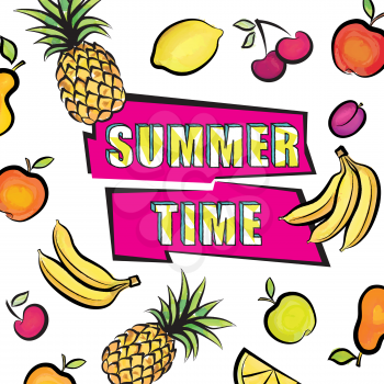 Summer time card background over painted tropical fruit set pattern