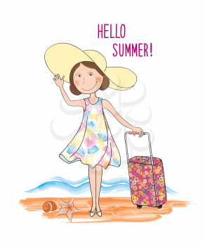 Summer travel card background. Lettering HELLO SUMMER and girl with hat, suitcase tourist luggage over seaside view. Beach resort landscape