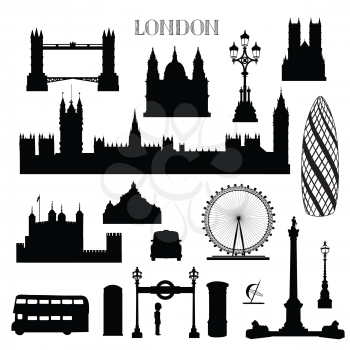 London city icon set. England landmark silhouette with lettering over white background. Travel famous places architecure