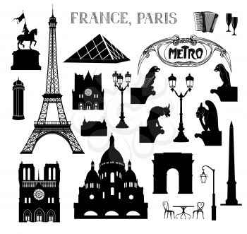Travel Paris icon set. Vacation in Europe design elements. Travel to visit famous places of France  silhouettes over white background. Landmark collection.