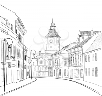 Street  in old city. Cityscape - houses, buildings on alleyway. Old city view. Medieval european castle landscape. Hand drawn sketch
