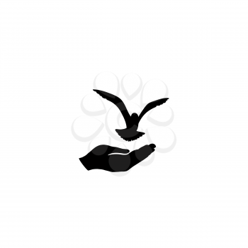 Dove bird free with hand. Bird flying. Peace symbol. Pigeon and hand silhouette. freedom sign.