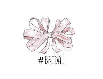 Bow drawn. Wed sign. Gentle cream pink bow ribbon isolated with tag Bridal