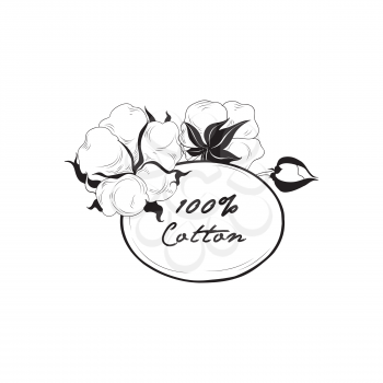 Cotton label. Natural material sign with flower cotton. Hand drawn floral frame