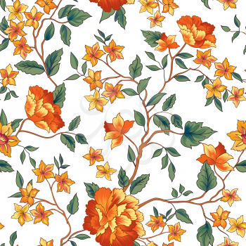 Floral pattern in chinese embroidery style. Flower seamless background. Flourish ornamental garden