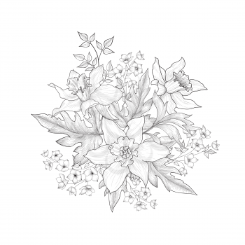 Floral background. Flowers and leaves engraving. Summer flowers bouquet isolated.