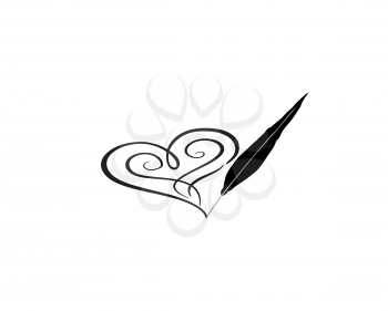 Love heart calligraphic hand drawn sign written by retro feather pen. Holiday greeting card design