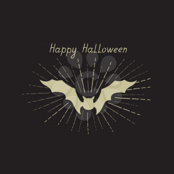 Halloween greeting card. Holiday background with lettering, beams, flying bat