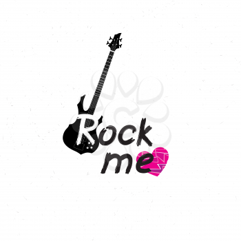 Rock music banner. Musical sign background. Rock lettering with heart and guitar. Hard Rock label.