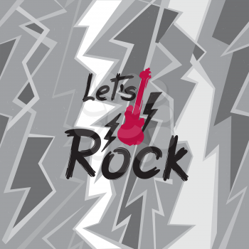 Rock music banner. Musical sign background. Let's rock lettering with lightning and guitar. Rock'n' roll label.