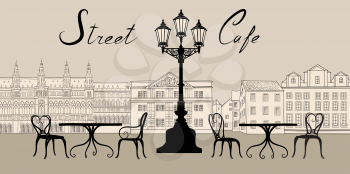 Retro city view. Cityscape with building facade. Street cafe design elements with lettering