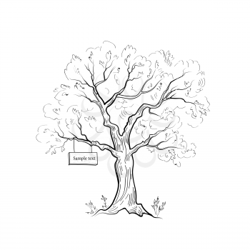 Tree with arrow sign. Summer nature landscape sketch. Hand drawn vector