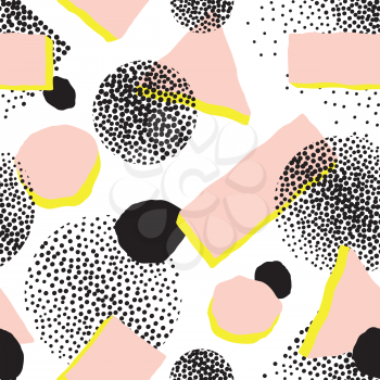 Abstract geometric seamless pattern with blots and dots. Ornamental white background in 1980s style. Spot wallpaper design