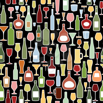 Wine bottle and wine glass seamless pattern. Drink wine bar tile background. Vinary party decor