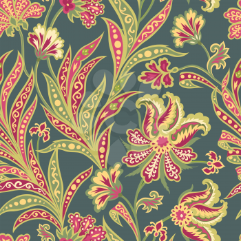 Flourish tiled pattern. Floral oriental ethnic background. Arabic ornament with fantastic flowers and leaves. Wonderland motives of vintage stylish Indian fabric patterns.