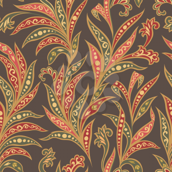 Floral seamless pattern. Flourish tiled oriental ethnic background. Arabic ornament with fantastic flowers and leaves. Wonderland motives of ancient Indian fabric patterns.