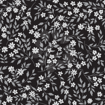 Floral seamless pattern with flowers and leaves over black background. Hand drawn fabric ornamental background. Floral line art decor design