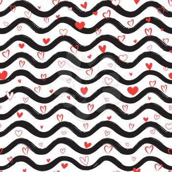 Abstract waves of love seamless pattern with hearts. Stylish holiday background. Wavy line ornamental wallpaper. Water wave line stripes with falling love hearts