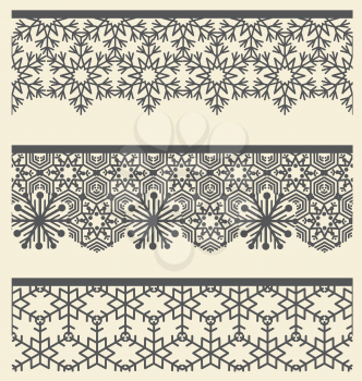 Floral lacy seamless border. Christmas Snow line pattern set. Tribal ethnic arabic, indian, turkish fashion ornamental decor. Headline, banner, card design elements
