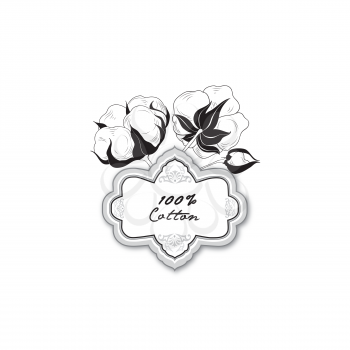 Cotton label. Natural material sign with cotton flower boll. Floral frame