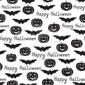 Happy Halloween seamless pattern. Holiday background with bat, pumpkin, lettering