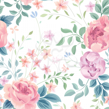 Floral seamless pattern. Flower rose and leaves on white background. Garden flourish wallpaper.