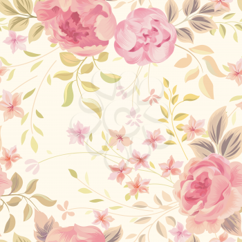 Floral seamless pattern. Flower rose and leaves on pastel background. Garden flourish wallpaper.