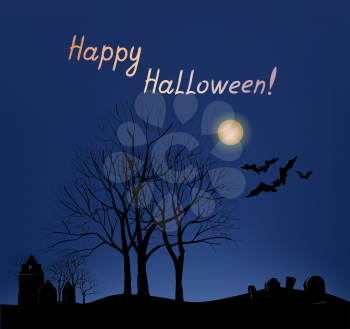 Happy Halloween greeting card background. Holiday landscape with grave yard