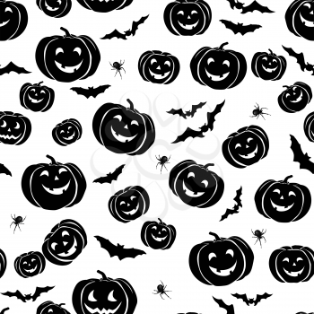 Happy Halloween seamless pattern. Holiday party background with bat, pumpkin, spider