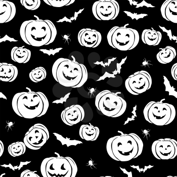 Happy Halloween seamless pattern. Holiday party background with bat, pumpkin, spider