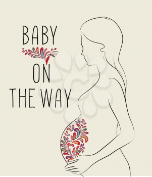 Pregnant woman line art illustration. Motherhood floral stylish sign. Handwritten lettering Baby on the way