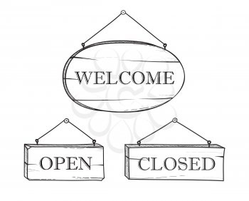 Welcome, open, closed plank sign set. Vintage doodle wooden signboards for shop, cafe, restaurant, store