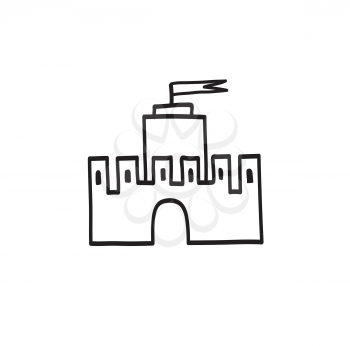 Castle icon. Hand drawn doodle castle building isolated with handwritten lettering CASTLE
