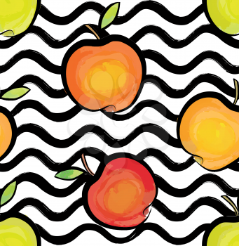 Abstract wave seamless pattern with apple. Stylish geometric background. Fruit ornamental wallpaper. Tropical food stripe texture 