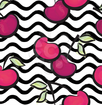 Abstract wave seamless pattern with cherry. Stylish berry geometric background. Fruit ornamental wallpaper. Tropical food stripe texture 
