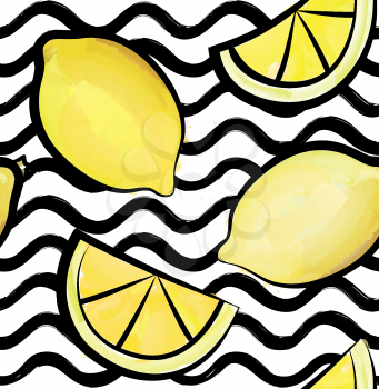 Abstract wave seamless pattern with lemon. Stylish geometric background. Fruit ornamental wallpaper. Tropical food stripe texture 
