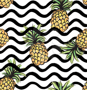 Abstract wave seamless pattern with pineapple. Stylish geometric background. Fruit ornamental wallpaper. Tropical food stripe texture 