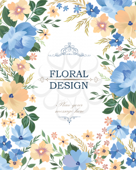 Floral frame background. Flower bouquet cover. Flourish greeting card 