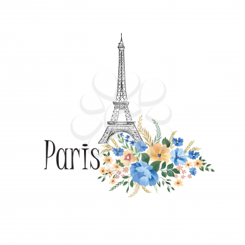 Paris background. Floral Parissign with flower bouquet and Eiffel tower landmark. Travel France icon