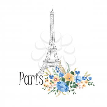 Paris background. Floral Parissign with flower bouquet and Eiffel tower landmark. Travel France icon