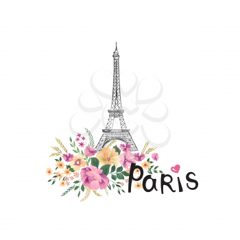 Paris background. Floral Paris sign with flower bouquet and Eiffel tower landmark. Travel France icon