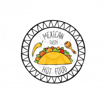 Mexican food symbol. Traditional cuisine set. Mexican dish doodles sign. Fastfood icon. Round shape sign. Fastfood icon.