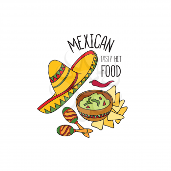 Mexican food symbol. National cuisine set. Mexican dish doodles sign. Fastfood icons with musical instrument and sombrero hat.